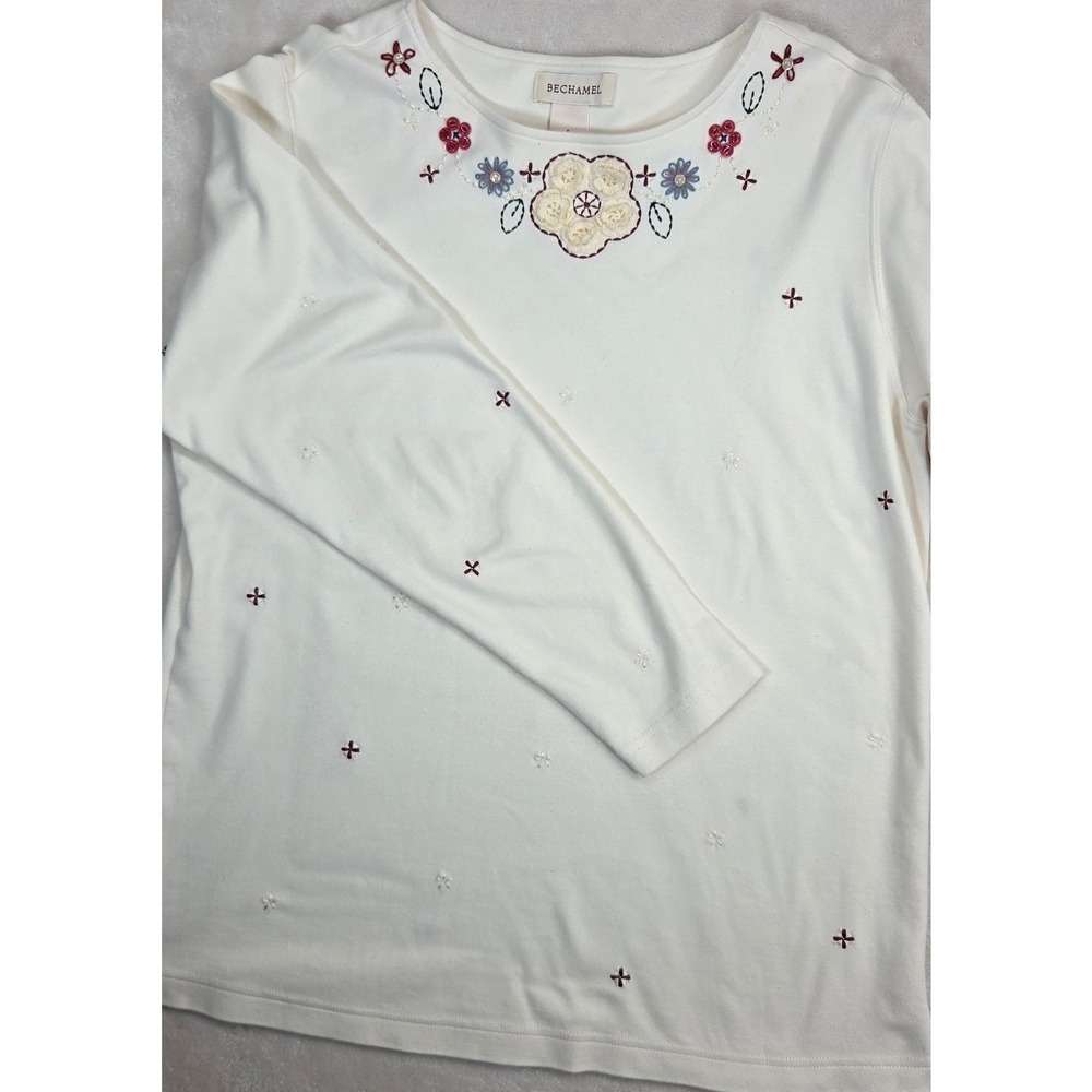 Bechamel Embroidered Floral Crewneck Womens L Cream Crochet Vintage 1990's Artsy